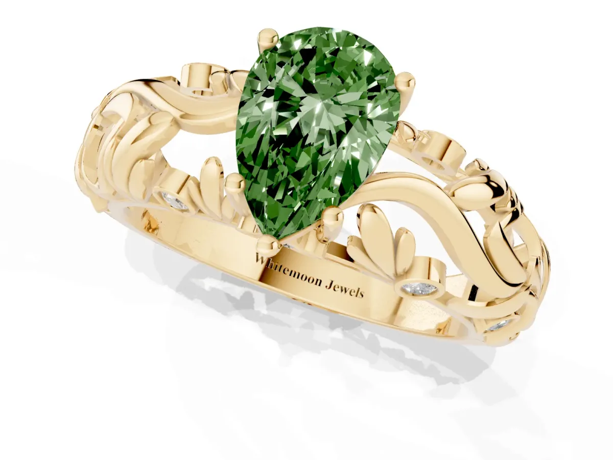 Fancy Green Pear Cut Solitaire Diamond Leaf-Inspired Vine Band Ring with Prong Setting Yellow gold