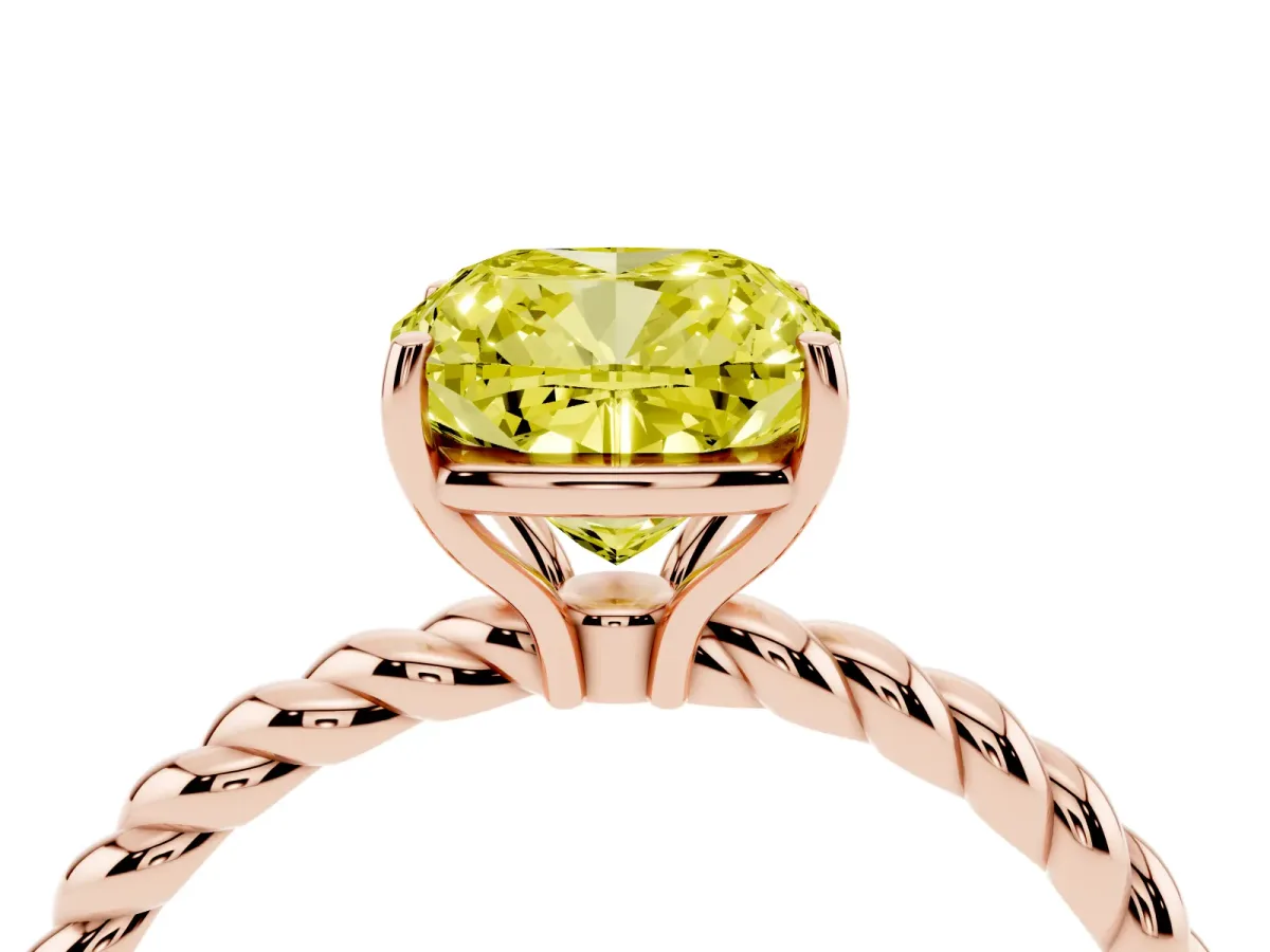 Fancy Yellow Cushion Cut Solitaire Twist Band Ring with Four-Prong Setting Rose gold