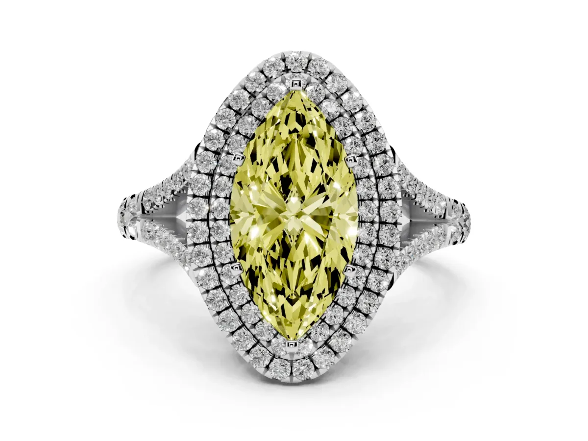Fancy Yellow Marquise Cut Diamond Pavé Split Shank Double Halo Engagement Ring Silver