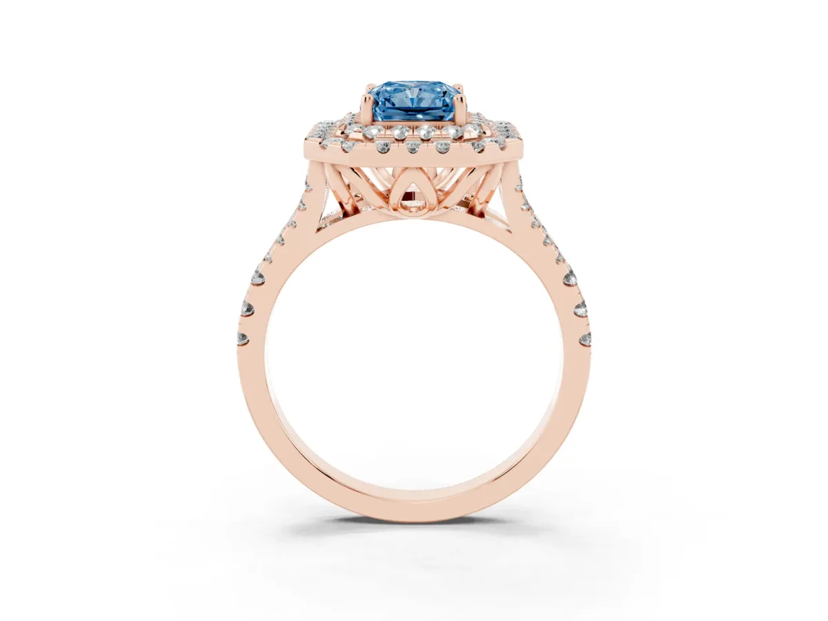 Fancy Blue Double Halo Radiant Cut Diamond Pavé Split Shank Ring with Prong Setting Rose gold