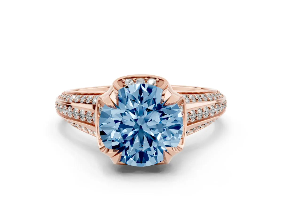 Fancy Blue Round Cut Solitaire Pave Split Shank Ring with Four-Prong Setting Rose gold