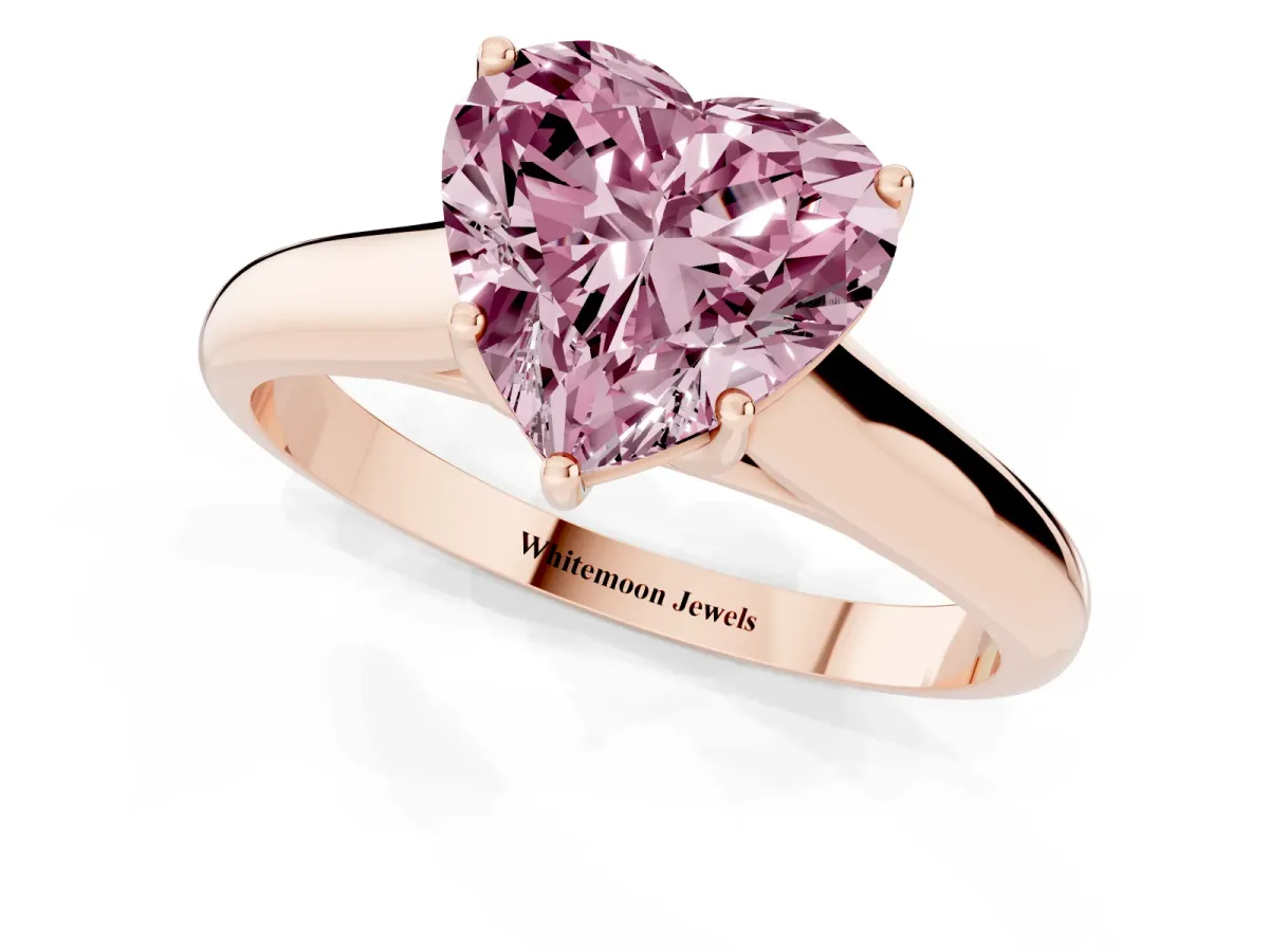 Fancy Pink Heart Cut Cut Diamond Solitaire Engagement Ring with Tapered Plain Band and Four-Prong Setting Rose gold