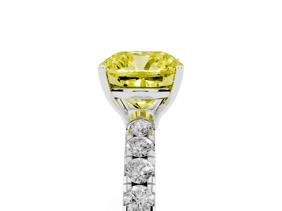 Fancy Yellow Cushion Cut Diamond Pavé Solitaire Engagement Ring with Four-Prong Setting Silver
