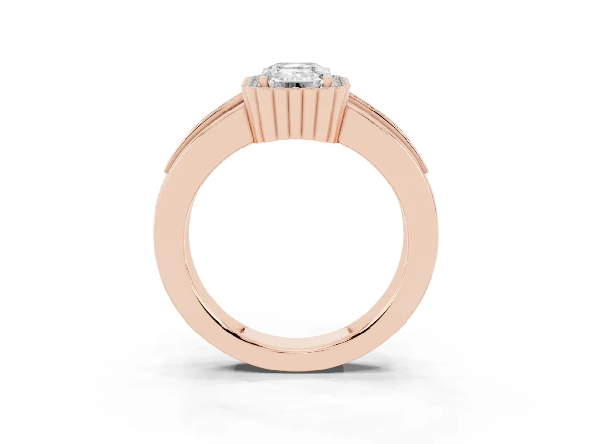 Emerald Cut Cut Halo Pave Band Four-Prong Ring Rose gold
