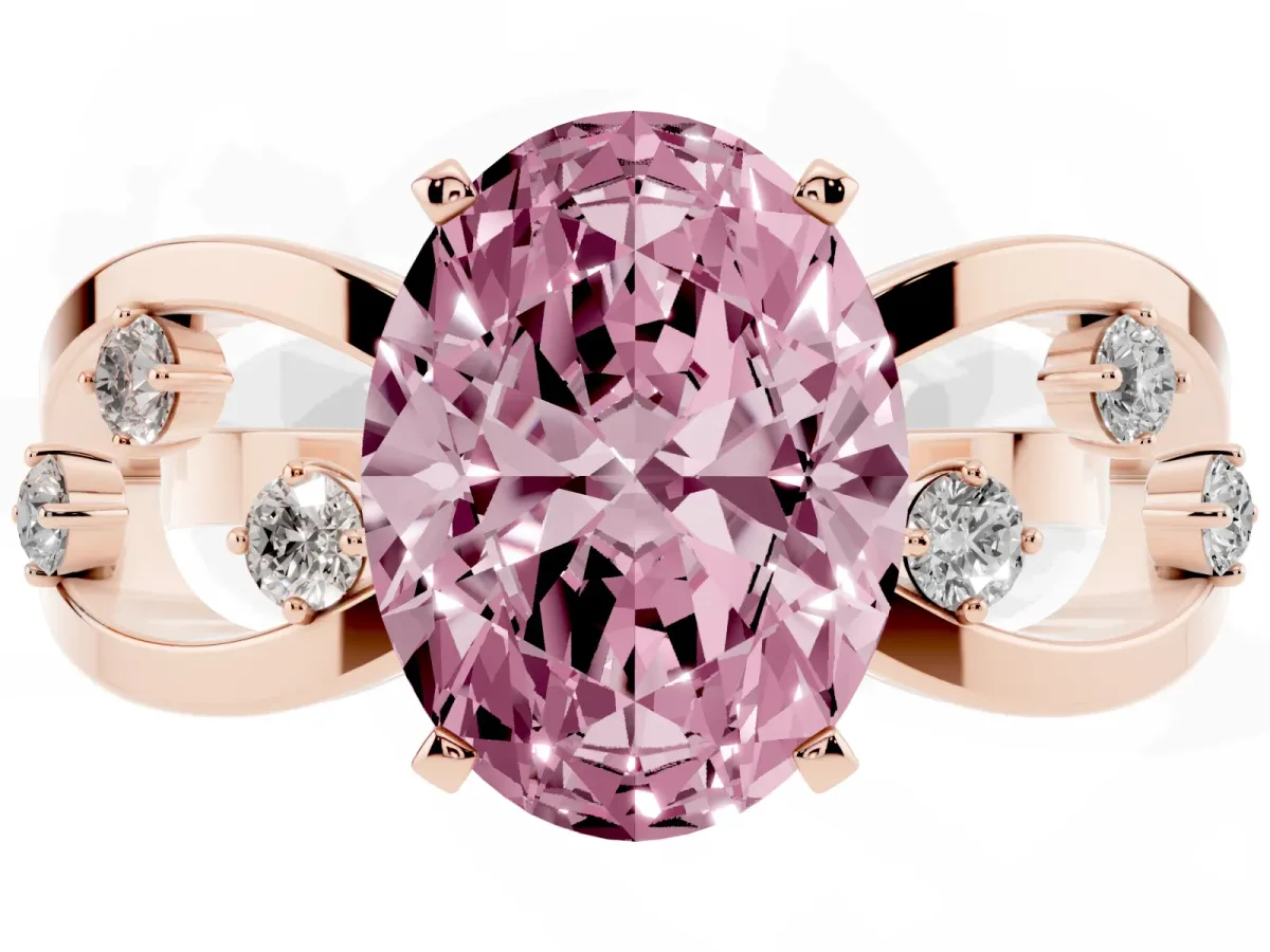 Fancy Pink Oval Cut Cut Solitaire Diamond with Side Stones on Criss-Cross Band and Four-Prong Setting Rose gold