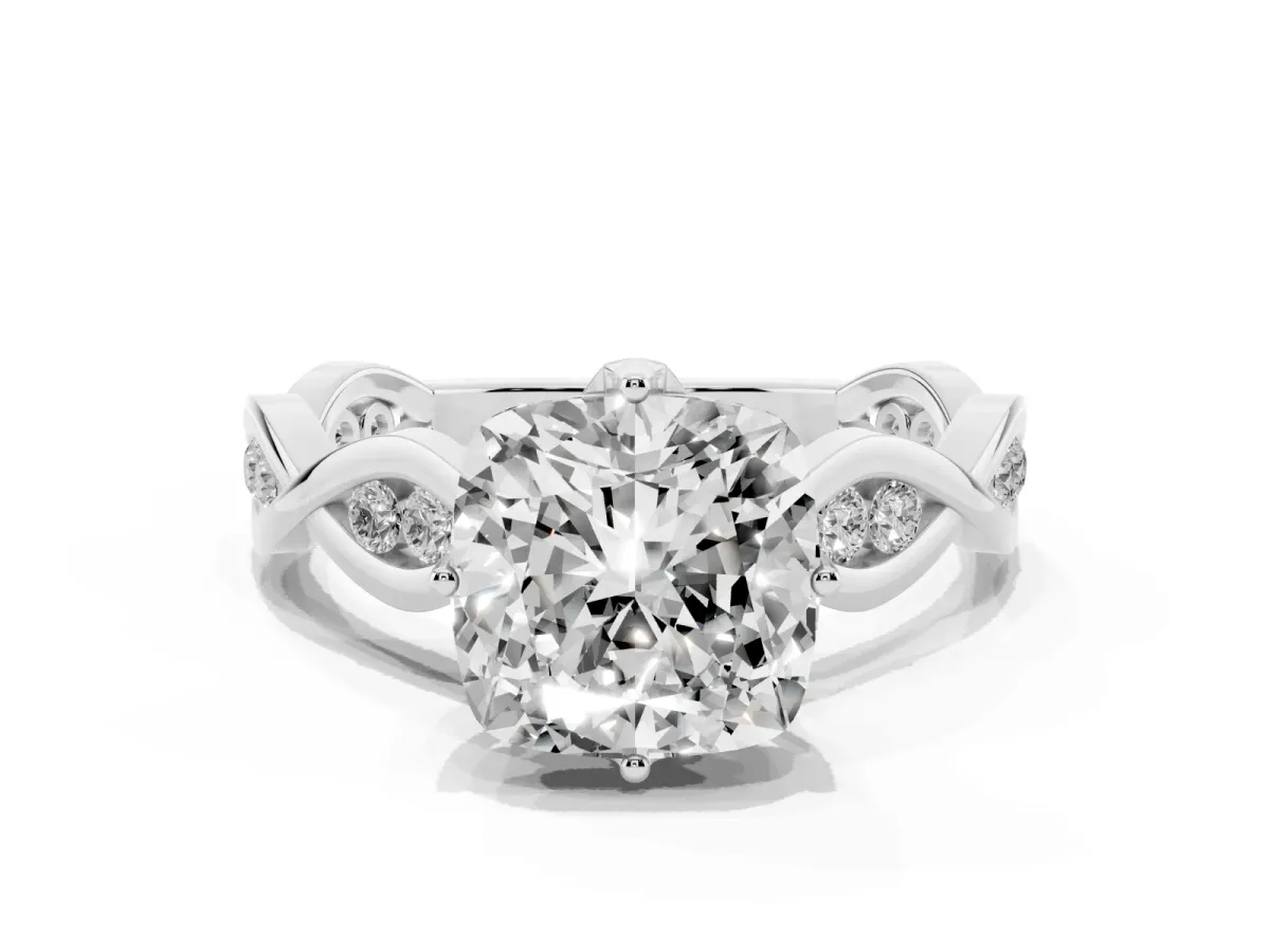 Cushion Cut Solitaire Twist Band with Leaf Prong Setting White gold