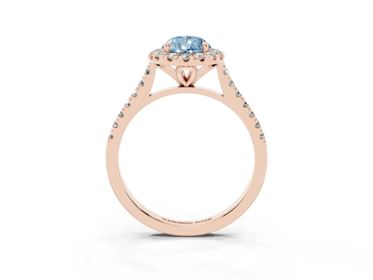 Fancy Blue Pear Cut Diamond Cushion Halo Ring with Pavé Band Rose gold