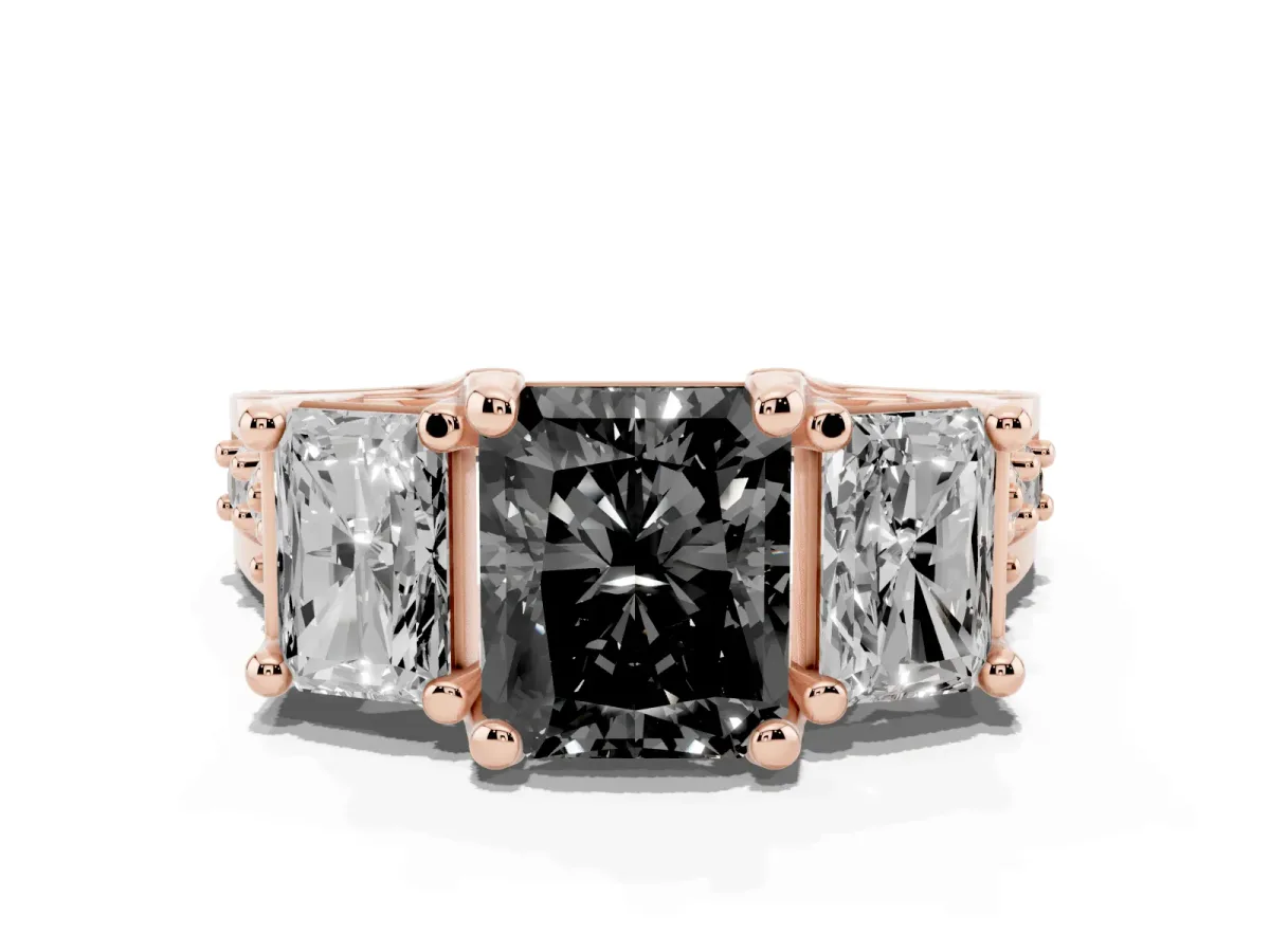 Fancy Black Radiant Cut Diamond Three-Stone Ring with Channel Set Band and Four-Prong Setting Rose gold