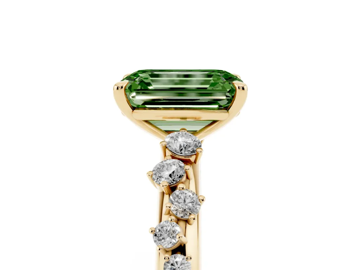 Fancy Green Emerald Cut Diamond Cluster Prong-Set Solitaire Ring Yellow gold