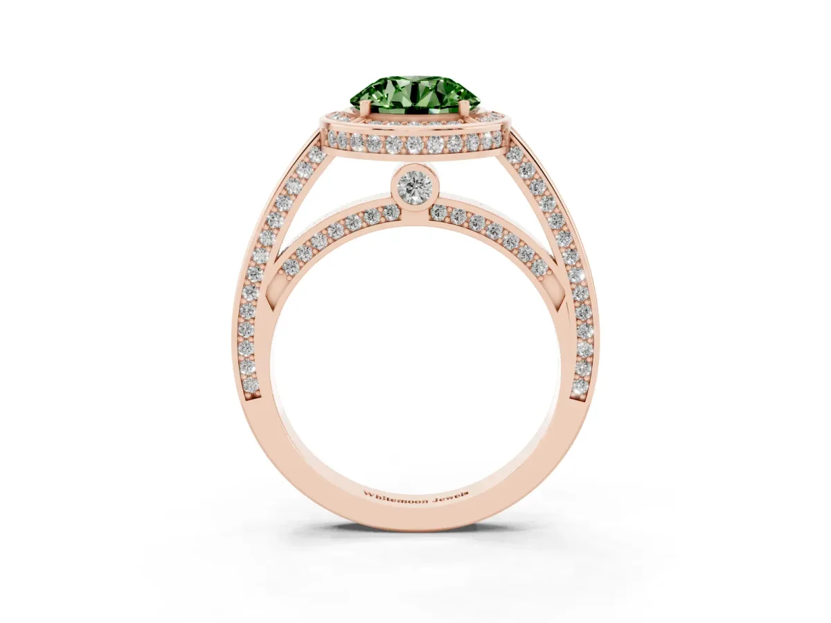 Fancy Green Round Cut Cut Halo Pave Split Shank Prong Setting Ring Rose gold