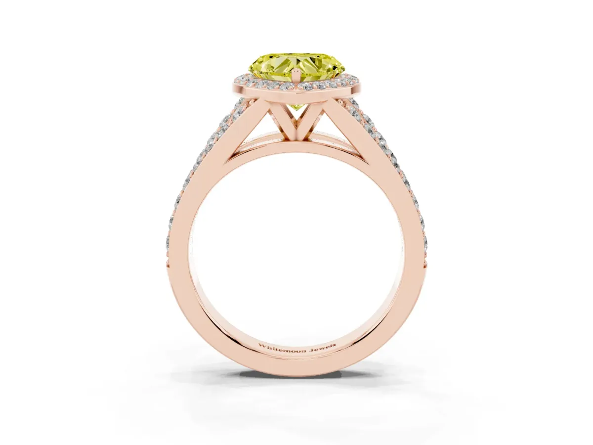 Fancy Yellow Heart Cut Diamond Split Shank Halo Ring with Four-Prong Setting Rose gold