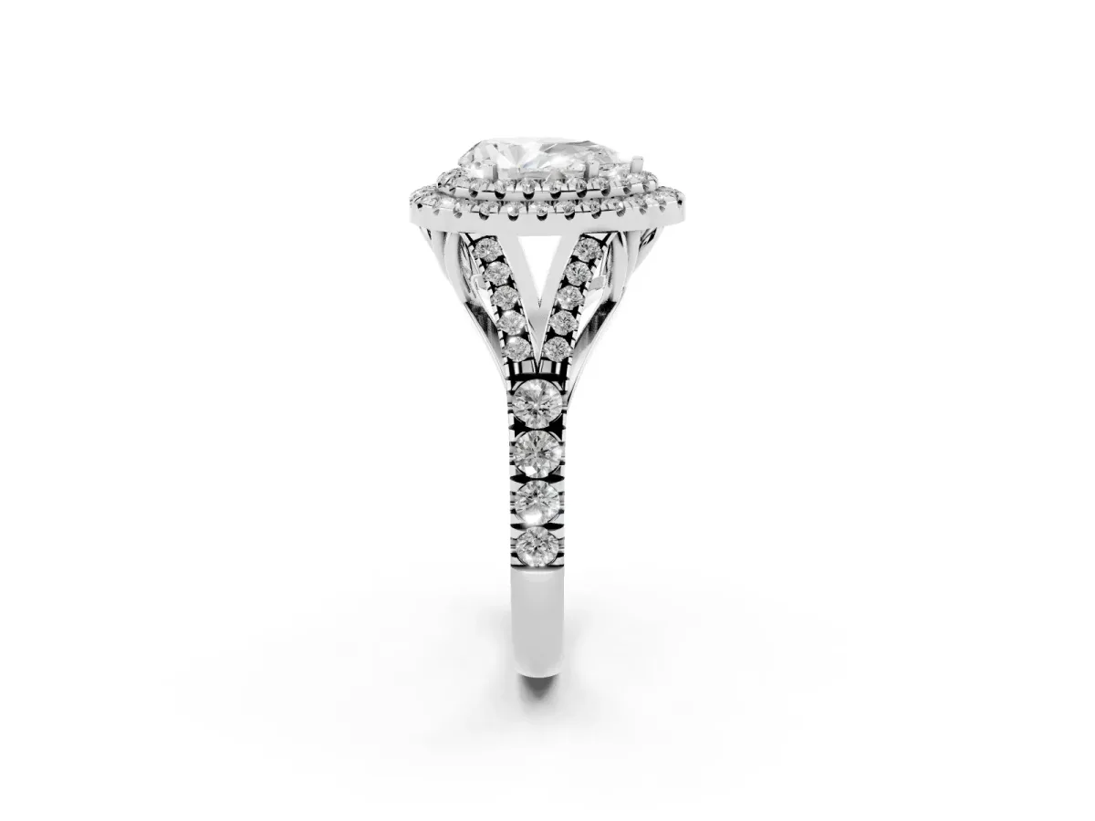 Double Halo Pear Cut Diamond Split Shank Engagement Ring with Four-Prong Setting Silver