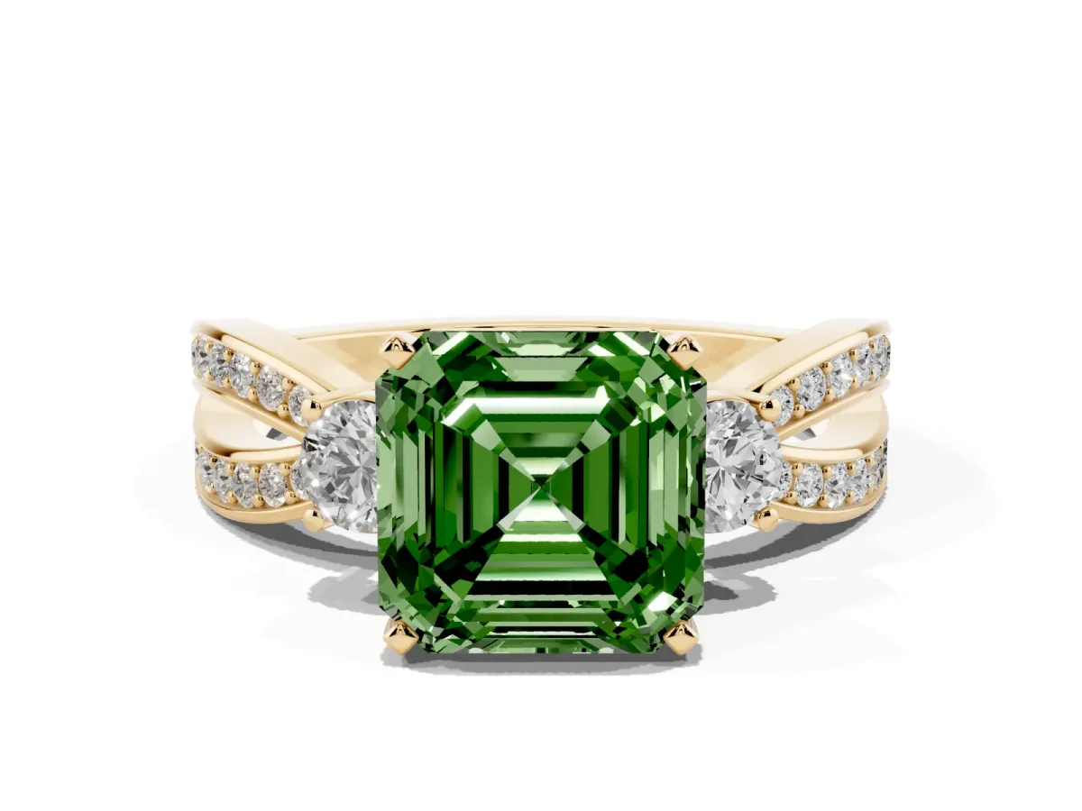 Fancy Green Three-Stone Asscher Cut Cut Diamond Twist Band with Prong Setting Yellow gold