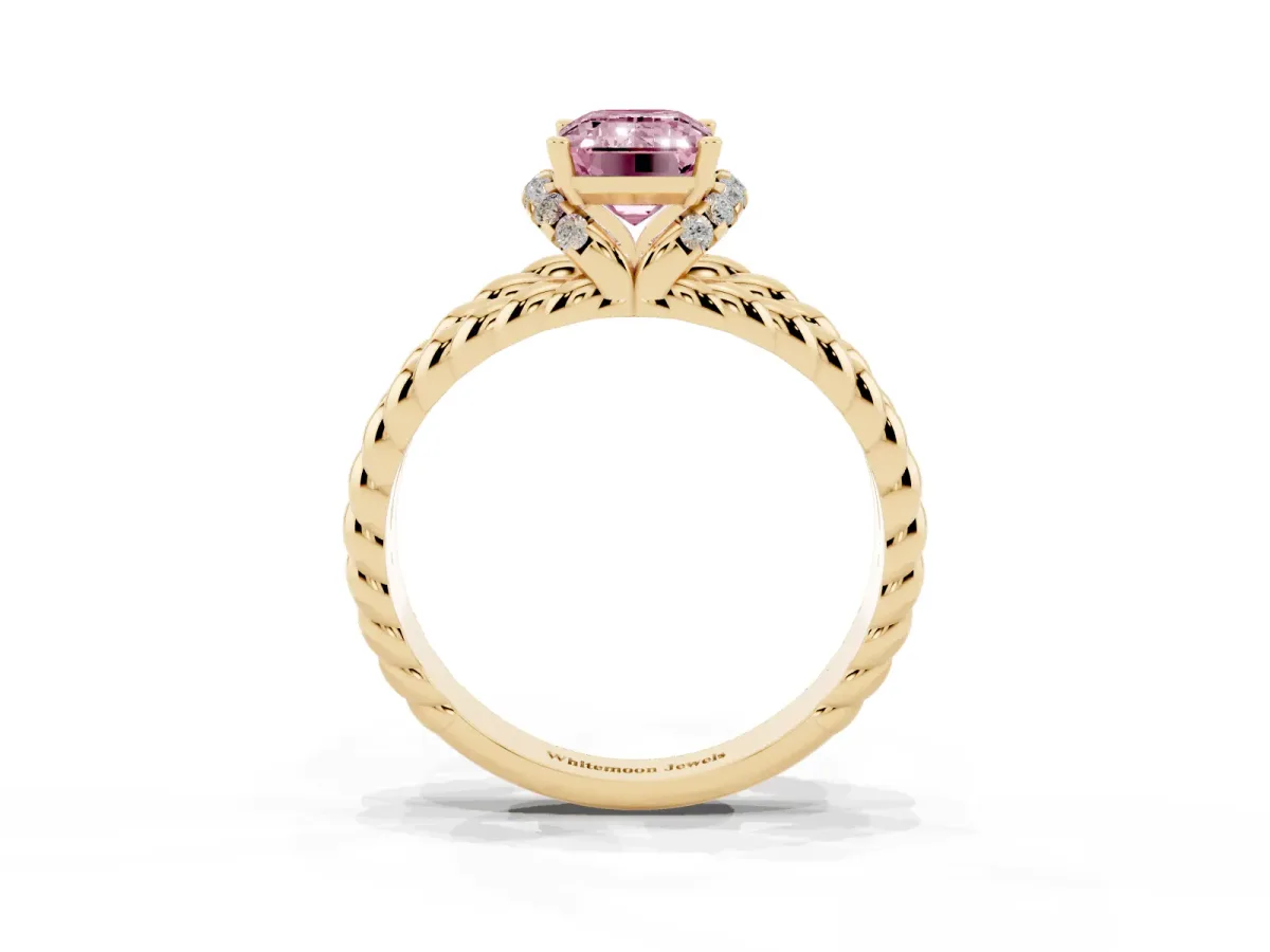 Fancy Pink Emerald Cut Halo Twisted Band Four-Prong Ring Yellow gold