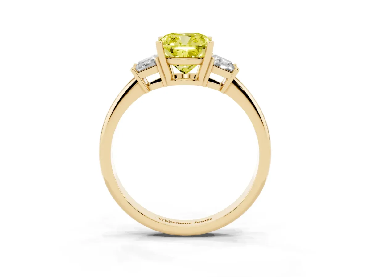 Fancy Yellow Cushion Cut Diamond Three-Stone Ring with Trapezoid Side Stones and Prong Setting Yellow gold