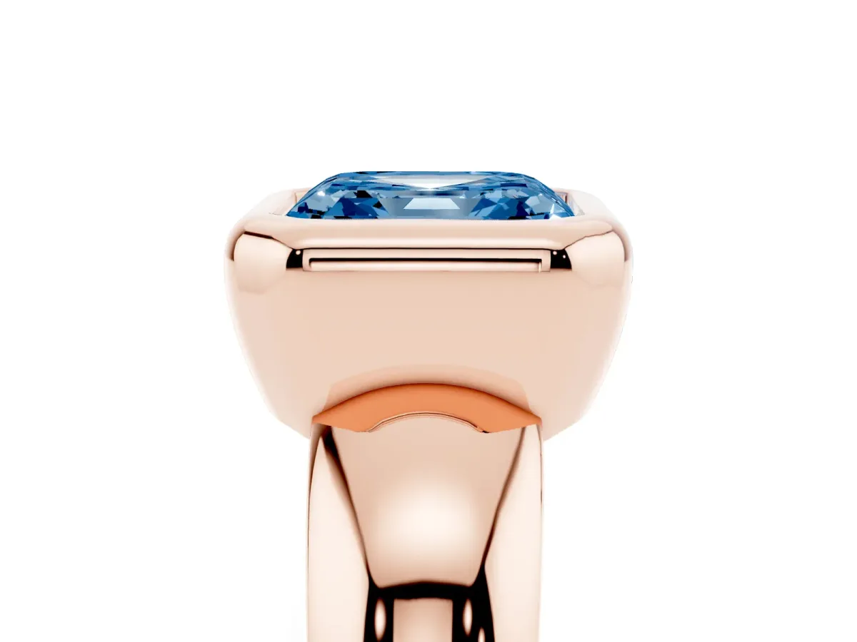 Fancy Blue Bezel Set Asscher Cut Solitaire Ring with Wide Band Rose gold