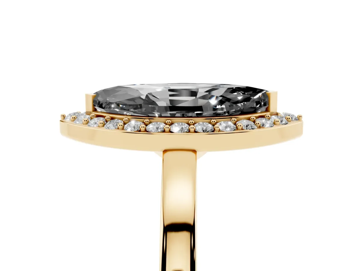 Fancy Black Marquise Cut Halo Diamond Ring with Solitaire Band and Prong Setting Yellow gold