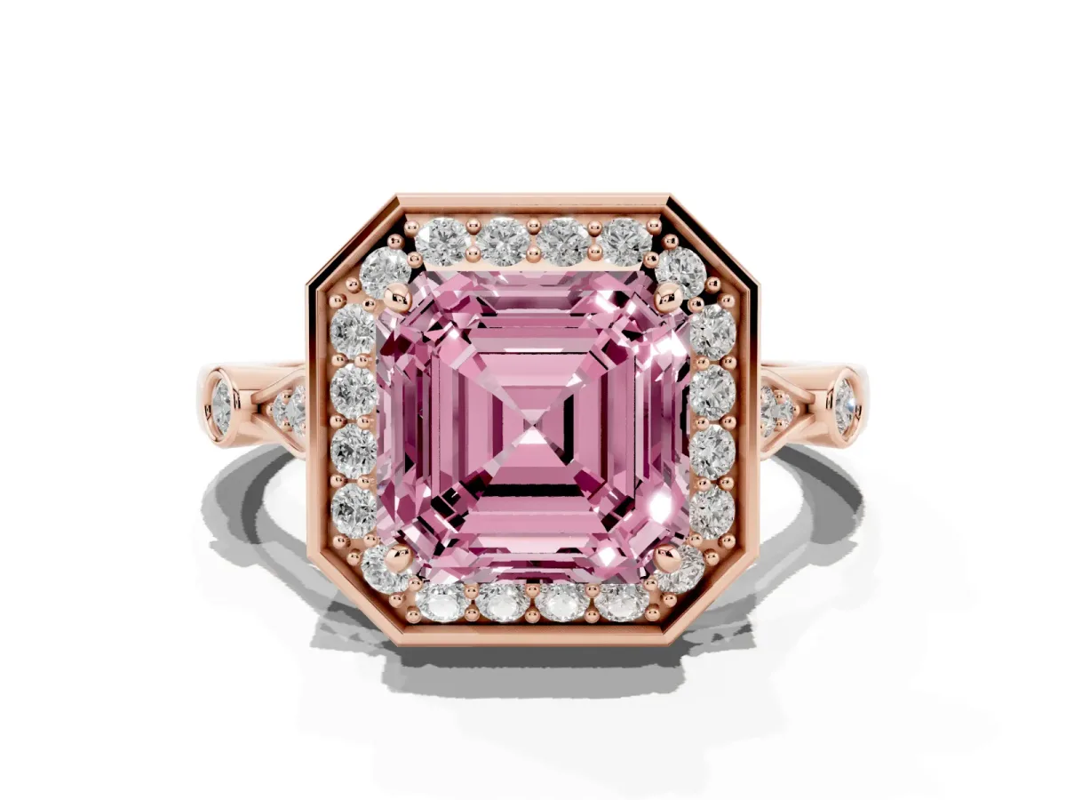 Fancy Pink Asscher Cut Halo Diamond Engagement Ring with Twisted Band and Four-Prong Setting Rose gold