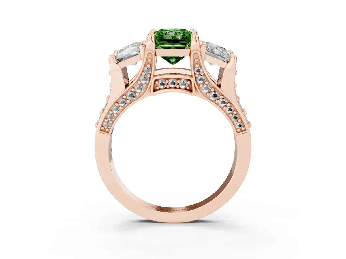 Fancy Green Radiant Cut Diamond Three-Stone Ring with Channel Set Band and Four-Prong Setting Rose gold