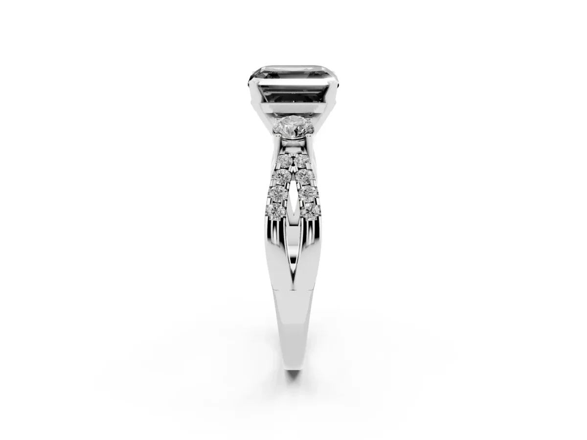 Fancy Black Asscher Cut Diamond Three-Stone Ring with Pavé Split Shank and Four-Prong Setting Silver