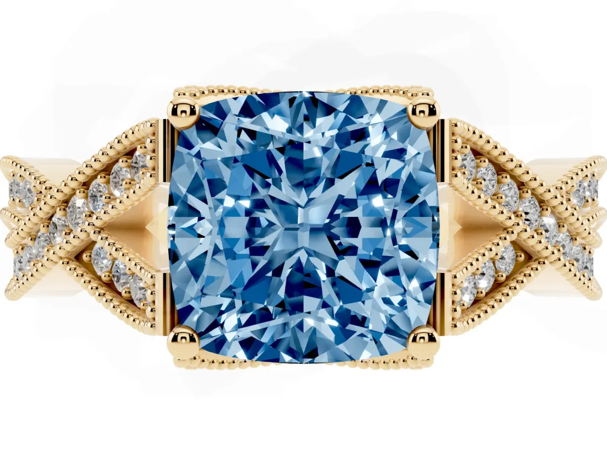 Fancy Blue Cushion Cut Cut Diamond Twisted Band with Milgrain Pave Setting and Four-Prong Setting Yellow gold