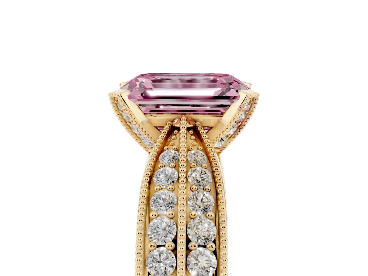 Fancy Pink Emerald Cut Diamond Solitaire Ring with Milgrain Round Pavé Band and Prong Setting Yellow gold