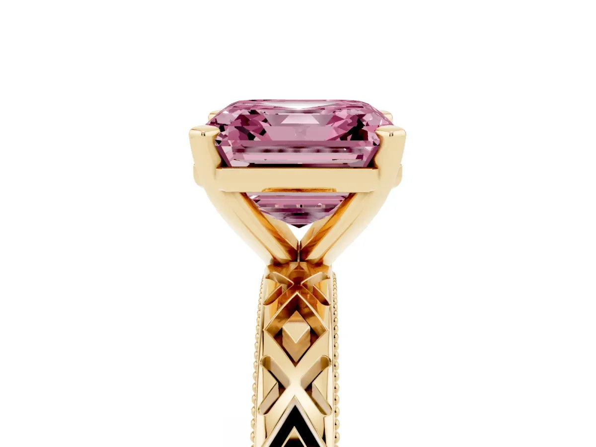 Fancy Pink Asscher Cut Solitaire Diamond Ring with Milgrain and Black Enamel X Pattern Band Yellow gold