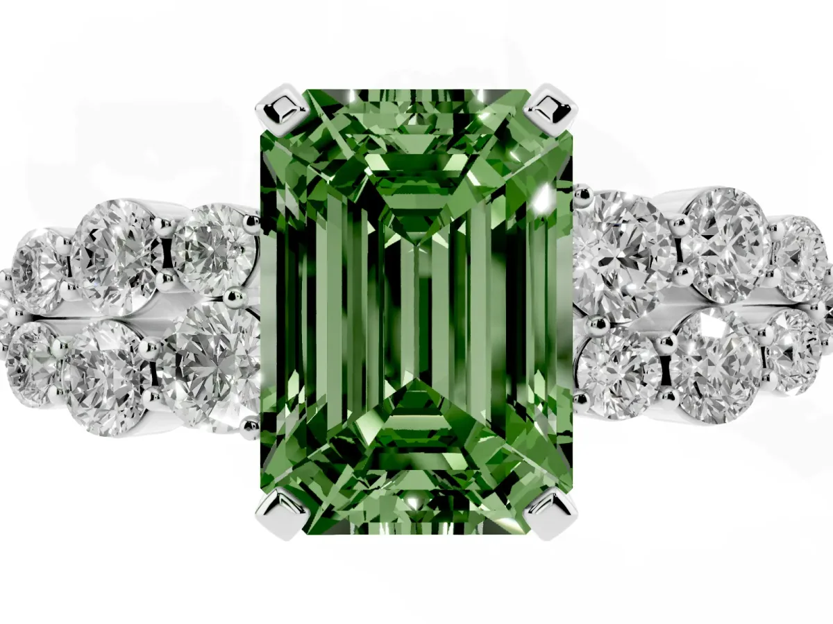 Fancy Green Emerald Cut Cluster Diamond Engagement Ring with Pavé Band and Four-Prong Setting Silver