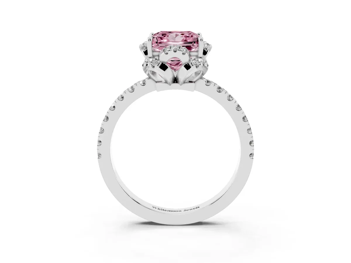 Fancy Pink Princess Cut Halo Diamond Pave Band Ring with Four-Prong Setting White gold