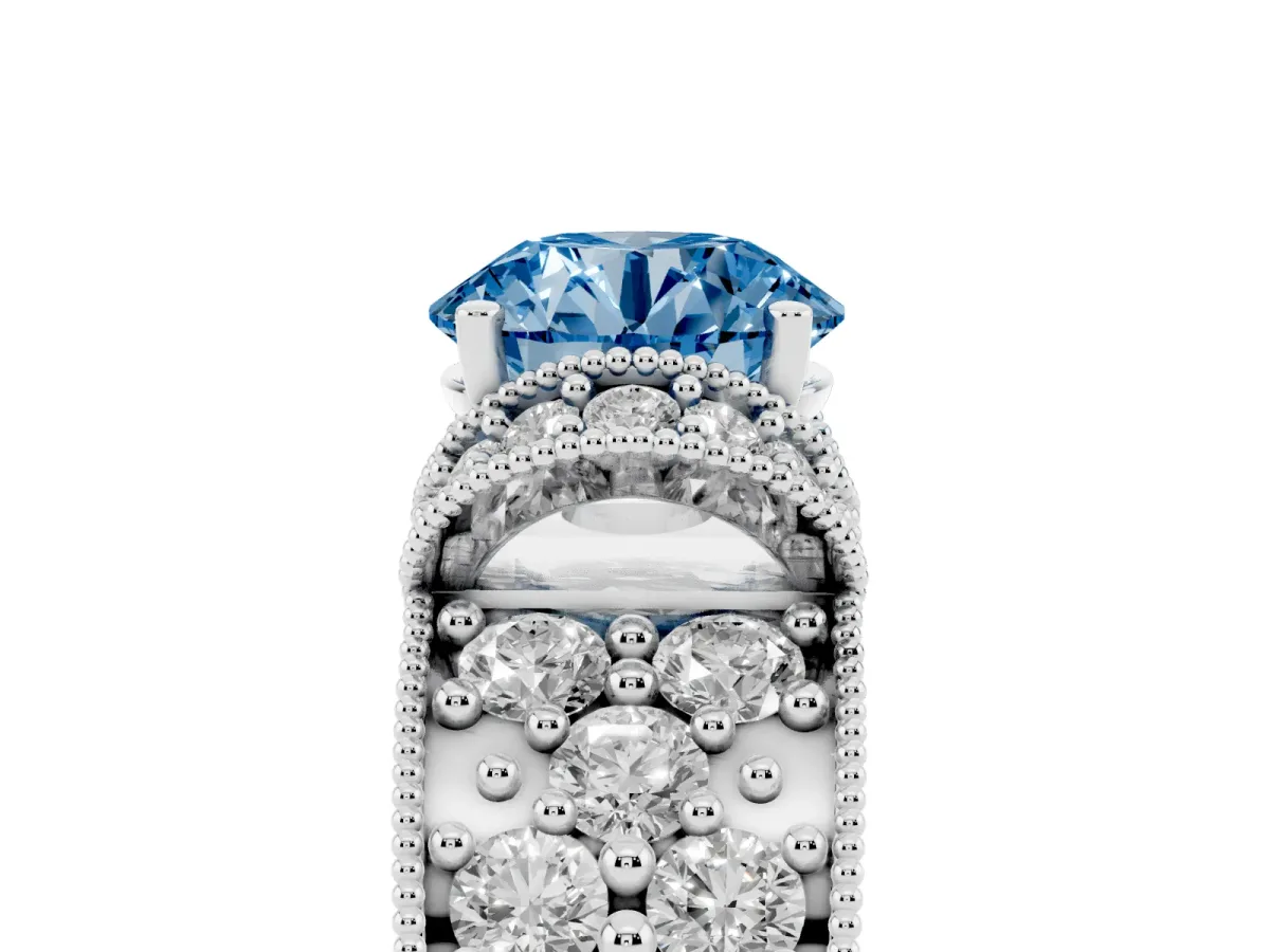 Fancy Blue Round Cut Halo Pave Diamond Engagement Ring with Milgrain Detailing Silver