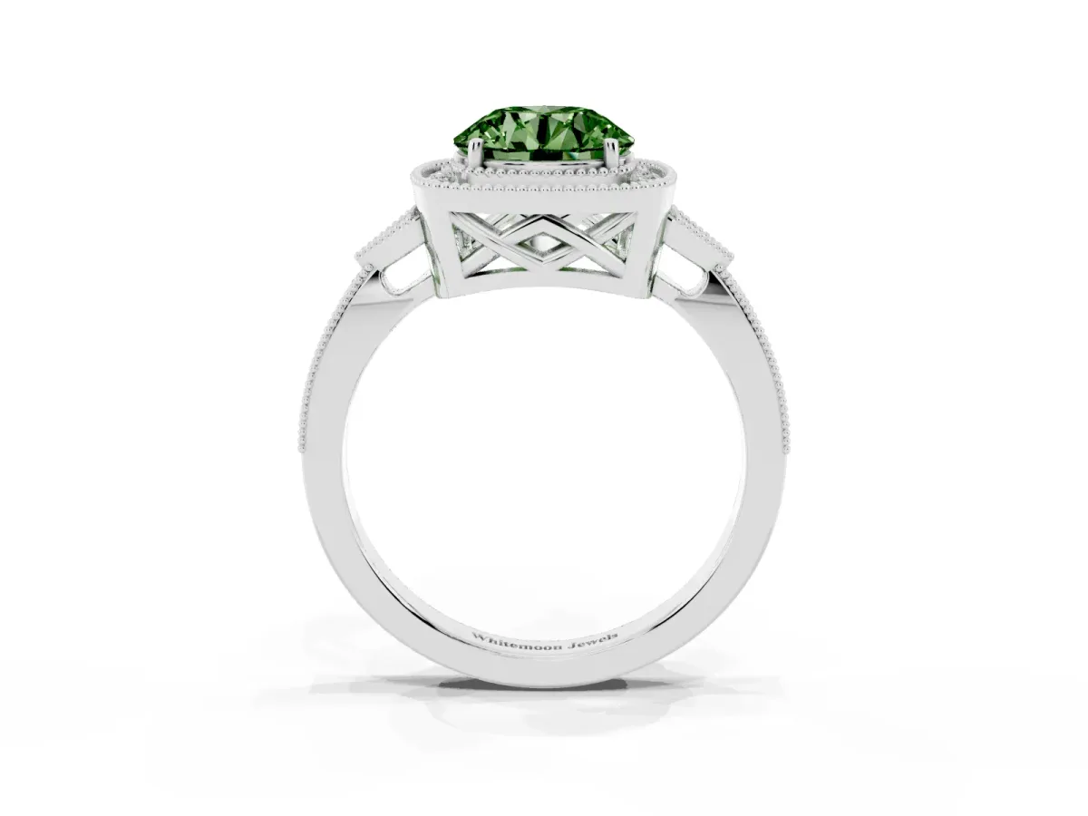 Fancy Green Round Cut Halo Round Diamond Milgrain Pave Engagement Ring Silver