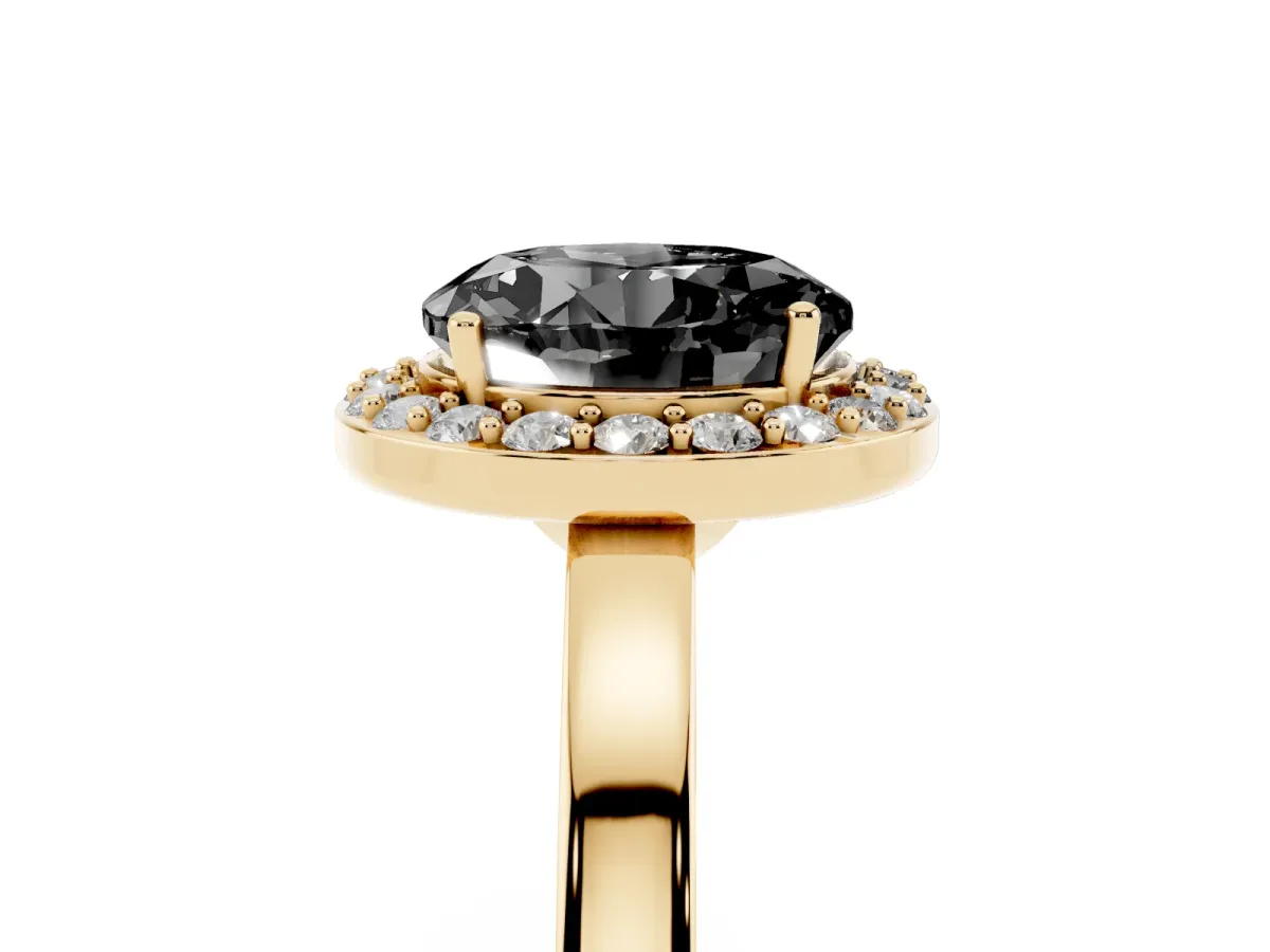 Fancy Black Round Cut Halo Diamond Ring with Solitaire Band and Prong Setting Yellow gold