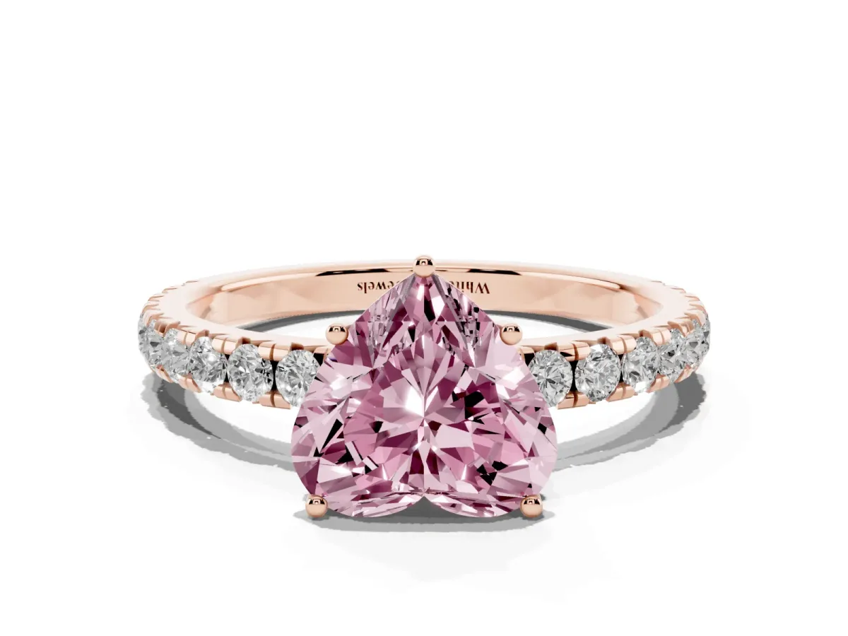 Fancy Pink Heart Cut Diamond Pavé Solitaire Engagement Ring with Four-Prong Setting Rose gold