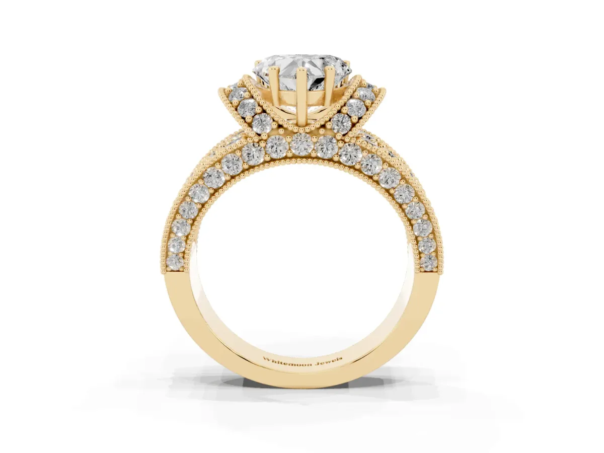 Heart Cut Halo Pave Diamond Engagement Ring with Milgrain Detailing Yellow gold