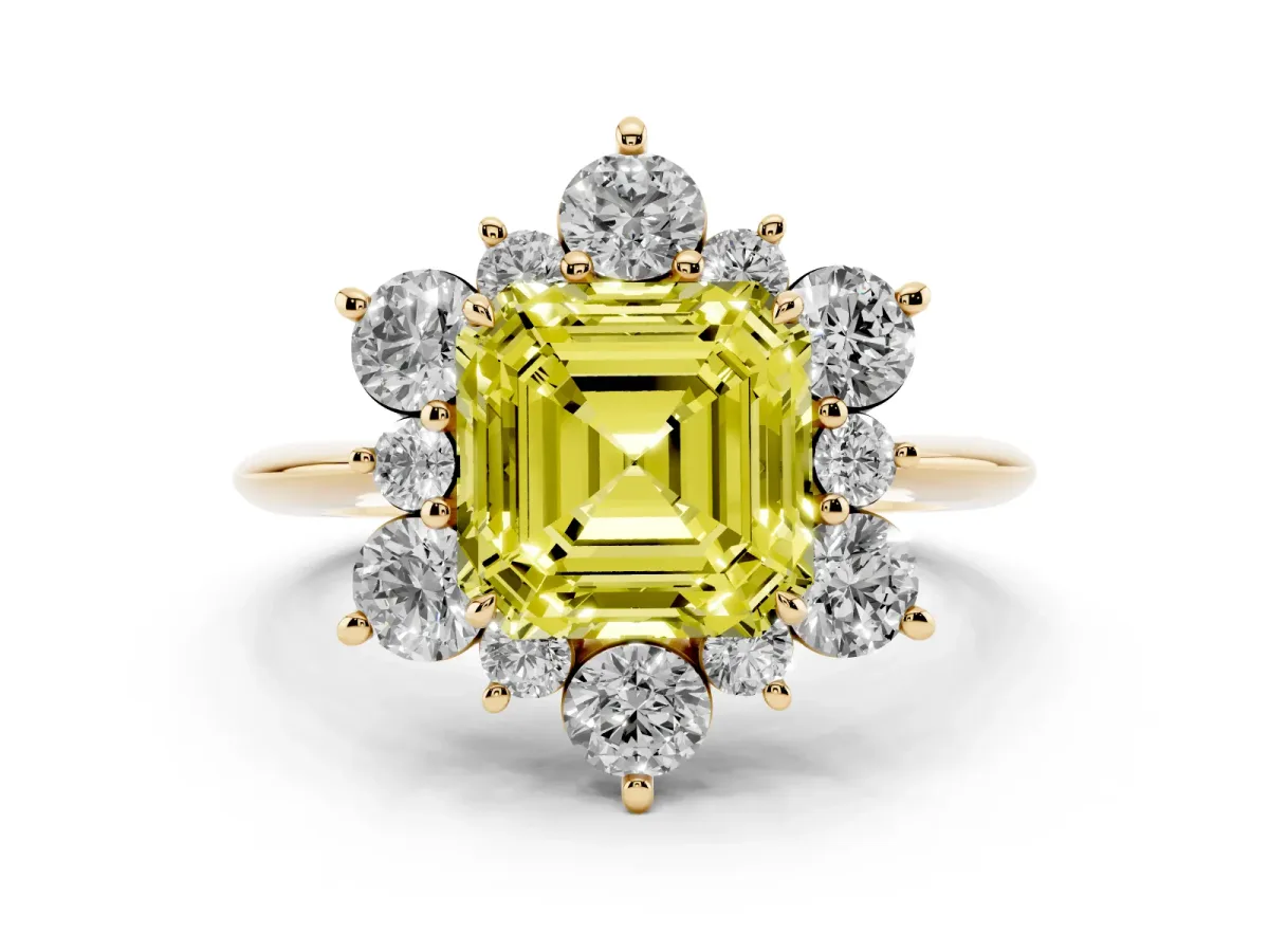 Fancy Yellow Asscher Cut Diamond Cluster Halo Ring with Solitaire Band and Four-Prong Setting Yellow gold