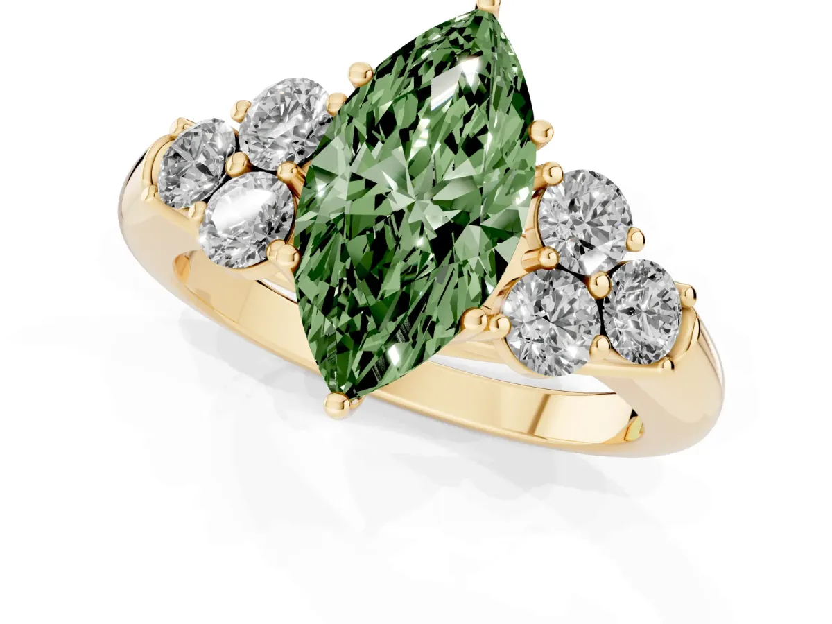 Fancy Green Marquise Cut Cut Diamond Cluster Ring with Round Accent Stones and Prong Setting on a Classic Band Yellow gold