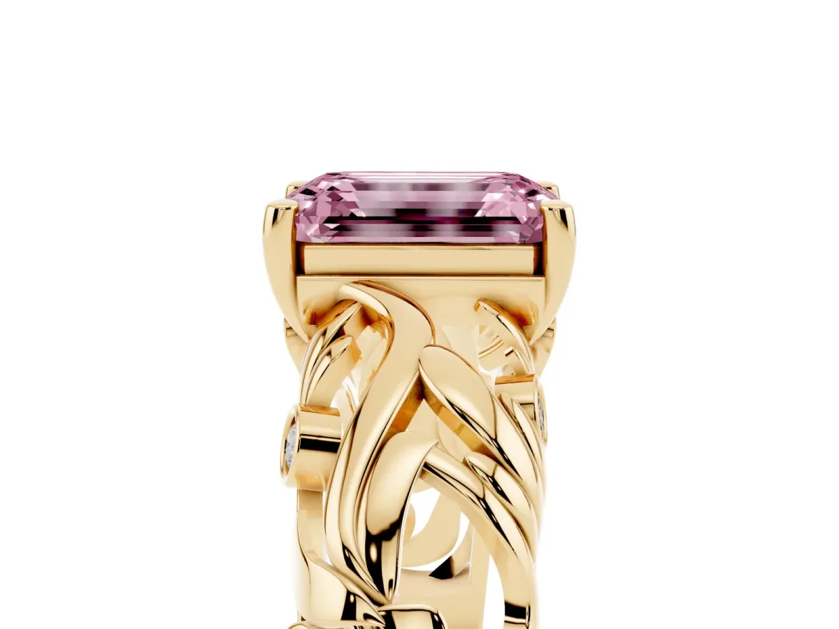 Fancy Pink Emerald Cut Solitaire Diamond Leaf-Inspired Vine Band Ring with Prong Setting Yellow gold