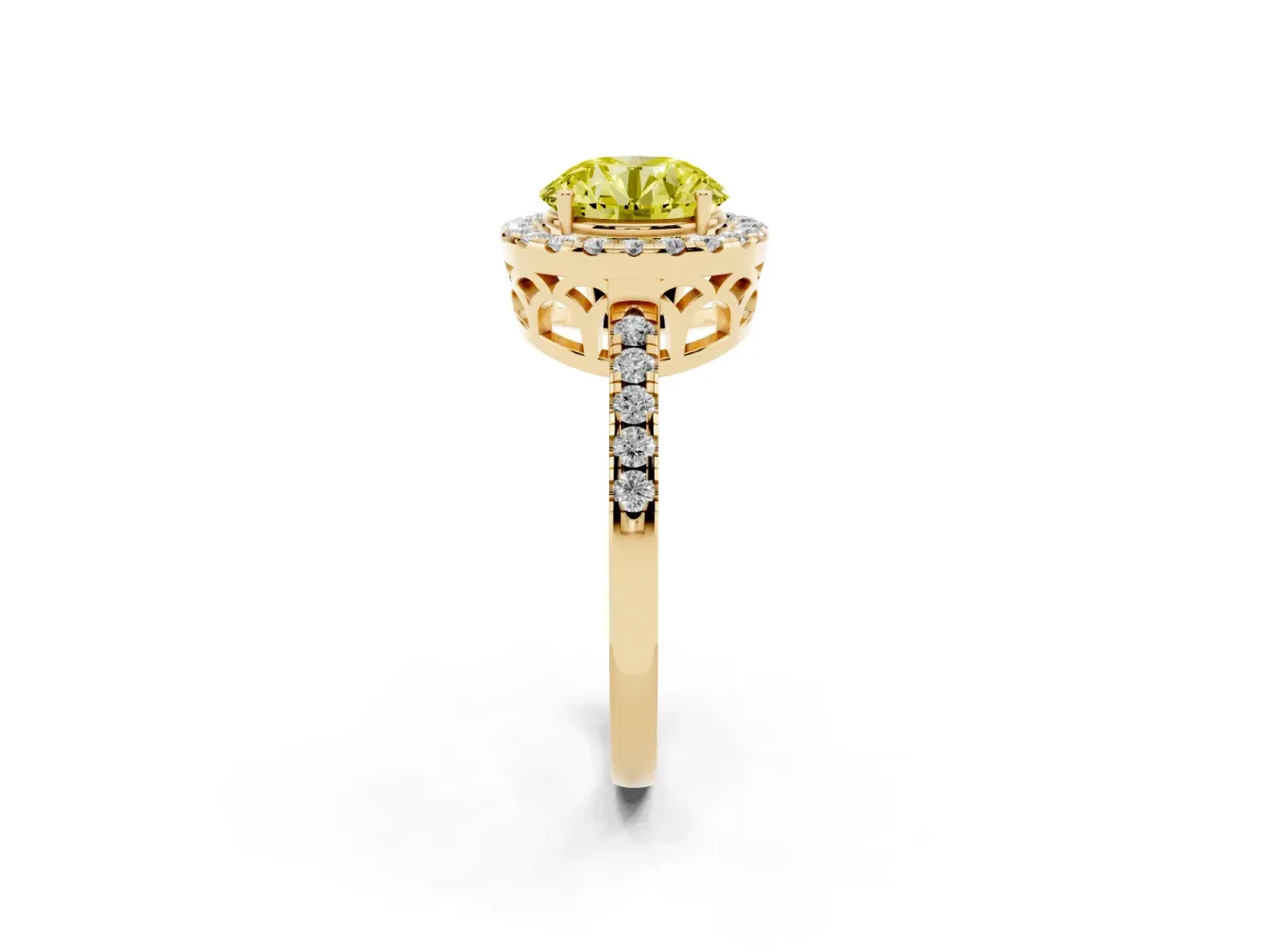 Fancy Yellow Round Cut Halo Diamond Engagement Ring with Pavé Band and Four-Prong Setting Yellow gold