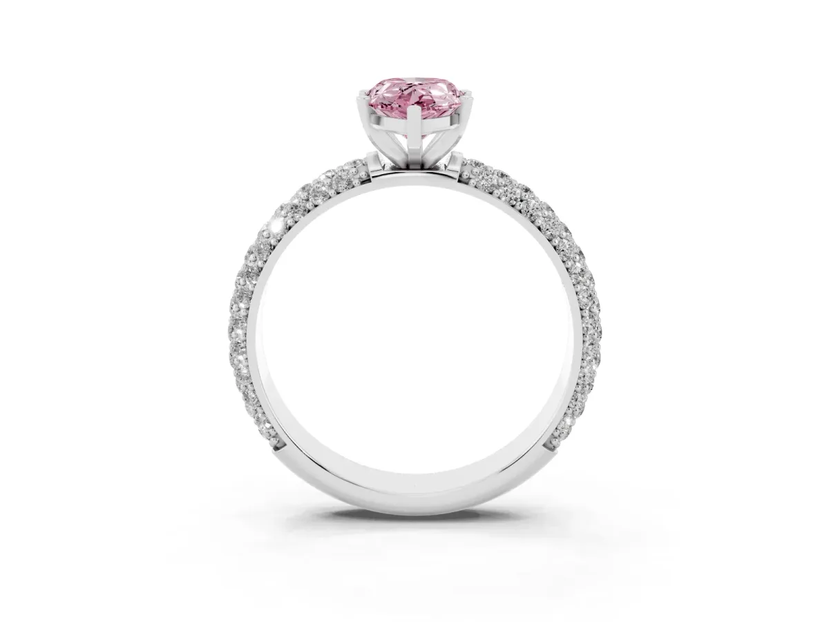 Fancy Pink Pear Cut Diamond Solitaire Ring with Prong Setting and Pavé Band Platinum