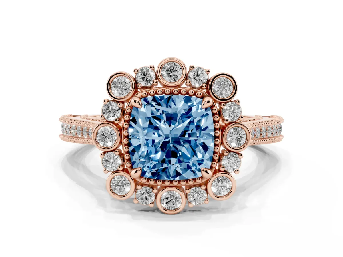 Fancy Blue Cushion Cut Halo Milgrain Pave Diamond Ring with Four-Prong Setting Rose gold