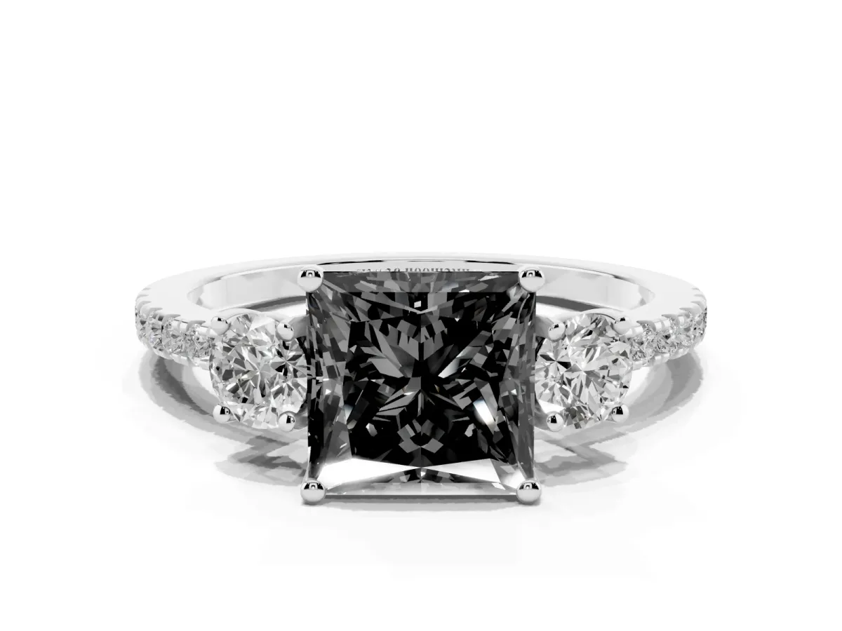 Fancy Black Three-Stone Princess Cut Cut Diamond Pavé Band with Prong Setting Silver