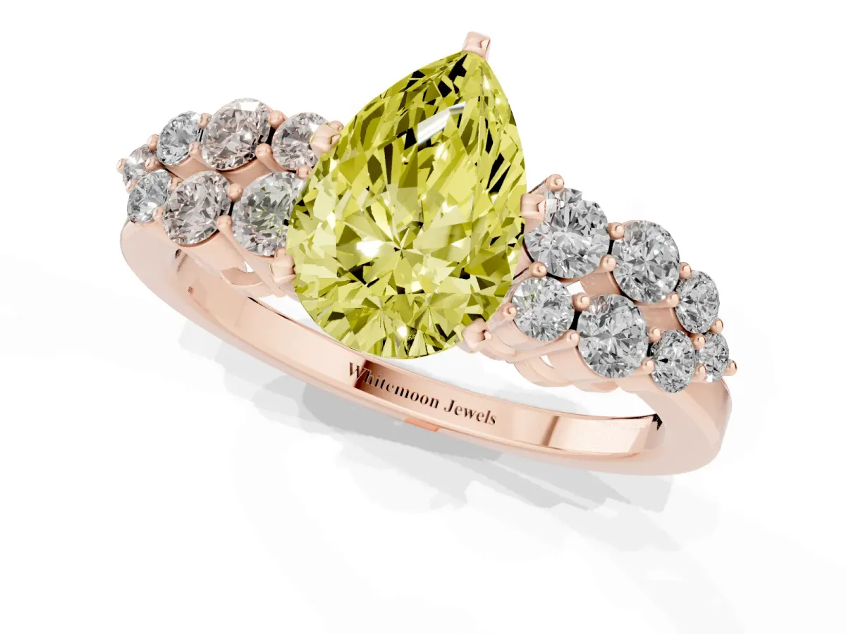 Fancy Yellow Pear Cut Cluster Diamond Engagement Ring with Pavé Band and Four-Prong Setting Rose gold