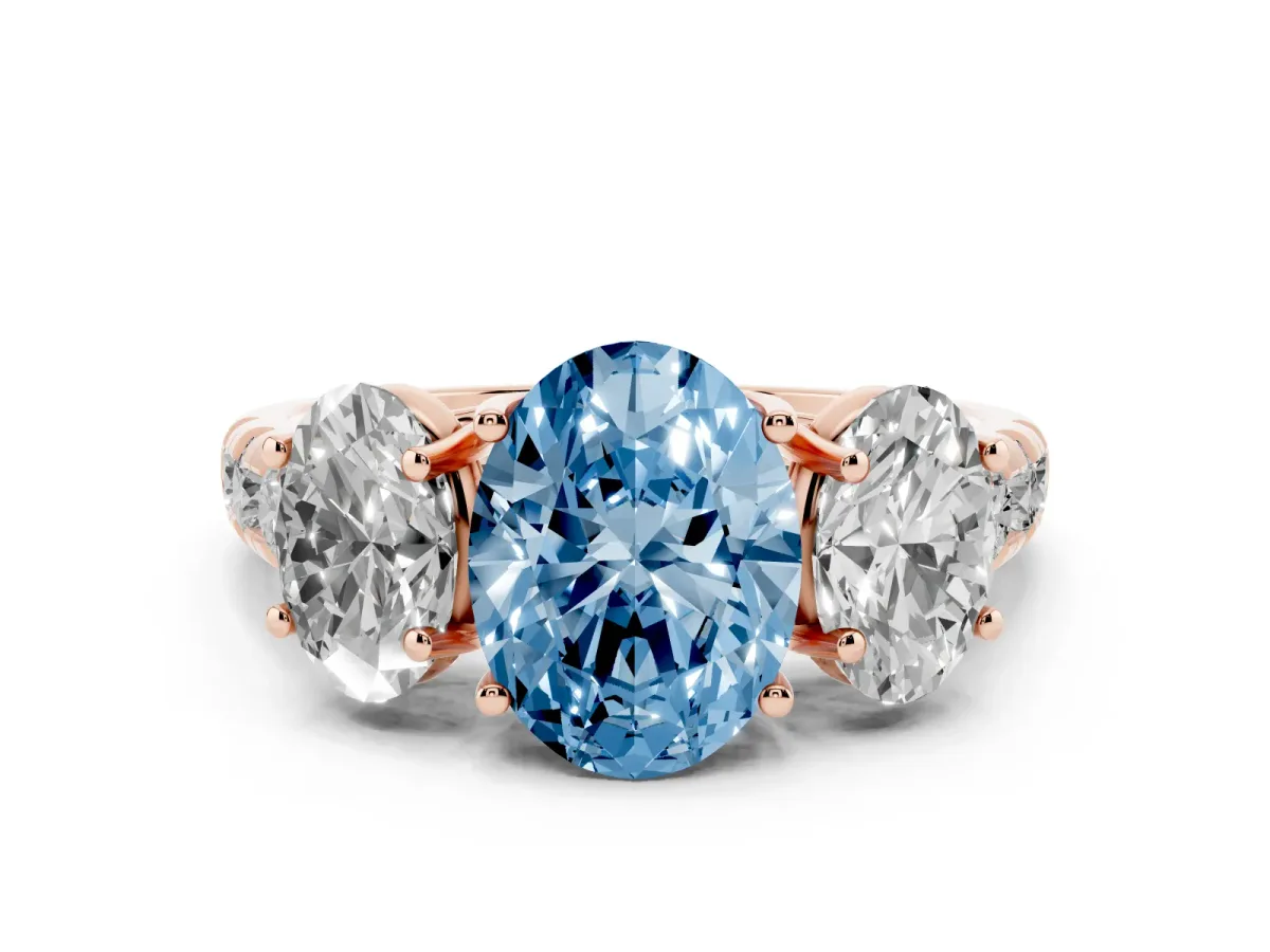 Fancy Blue Three-Stone Oval Cut Diamond Pavé Band with Prong Setting Rose gold