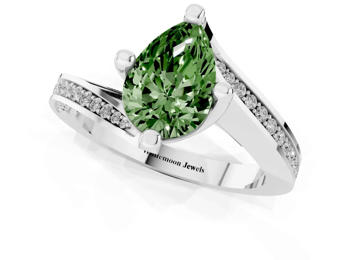 Fancy Green Pear Cut Solitaire Diamond Twist Band with Pavé Setting and Four-Prong Setting Silver