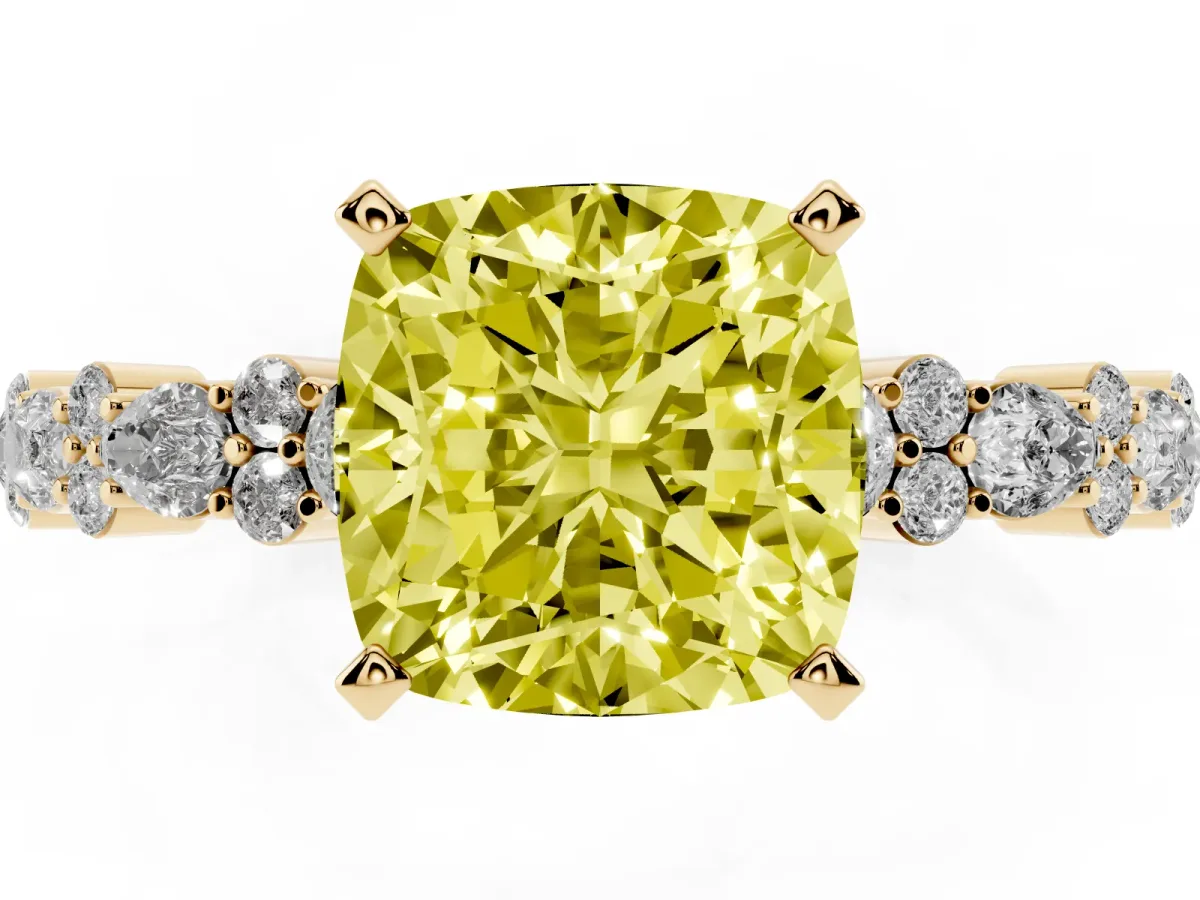 Fancy Yellow Cushion Cut Diamond Side Stone Solitaire Ring with Round and Four-Prong Setting Yellow gold