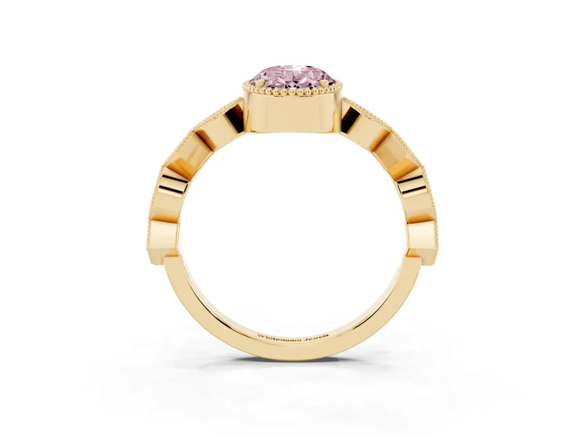 Fancy Pink Oval Cut Milgrain Marquise Diamond Twist Band Ring Yellow gold