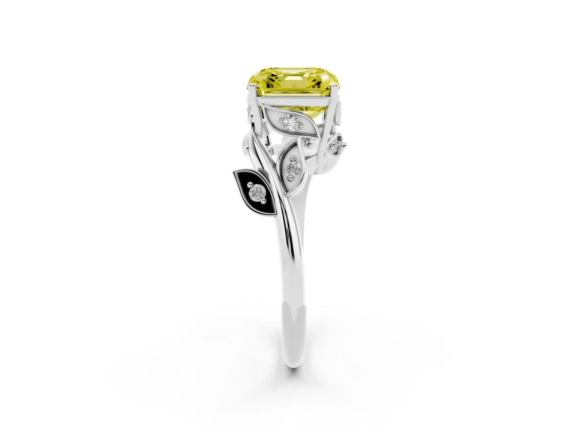 Fancy Yellow Asscher Cut Solitaire Twist Engagement Ring with Leaf Accents and Prong Setting Platinum