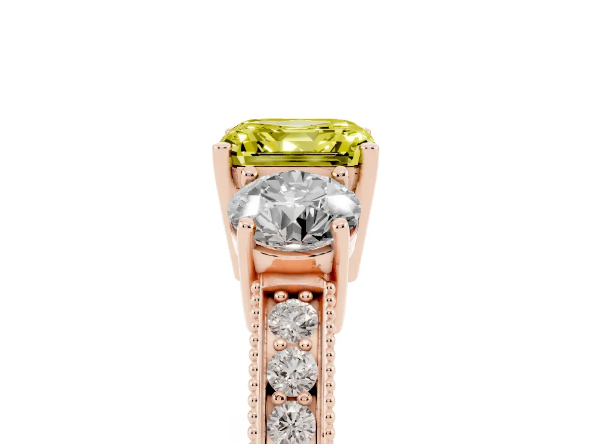 Fancy Yellow Asscher Cut Three-Stone Diamond Ring with Pavé Band and Four-Prong Setting Rose gold