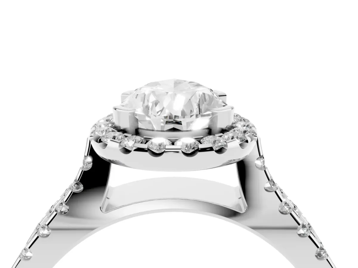 Pear Cut Diamond Halo Ring with Split Shank Pavé Band and Prong Setting Silver