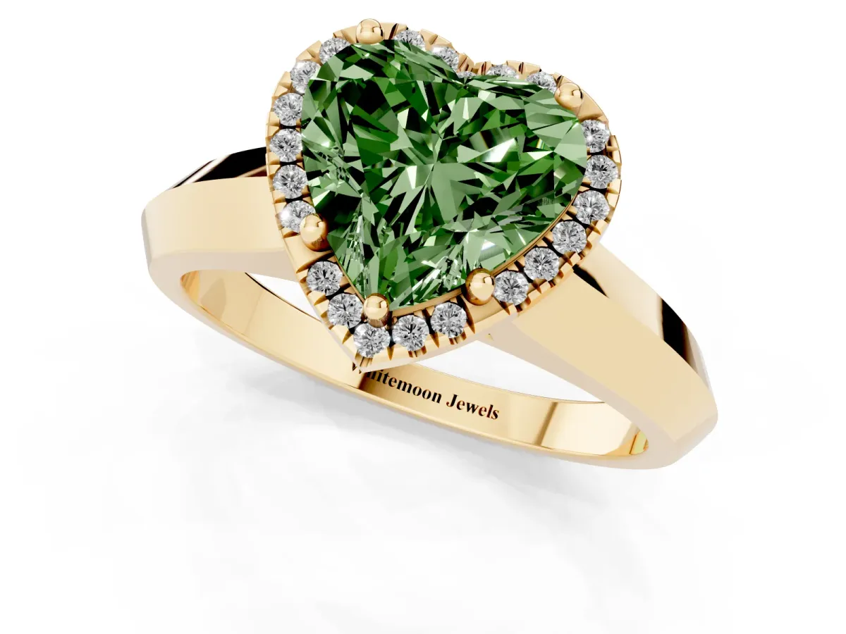 Fancy Green Heart Cut Halo Diamond Ring with Cathedral Band and Four-Prong Setting Yellow gold